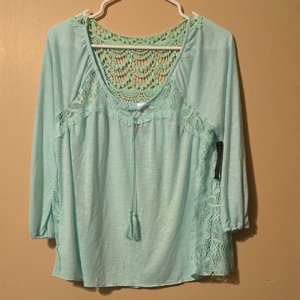 No Boundaries Aqua Crochet Detail Blouse